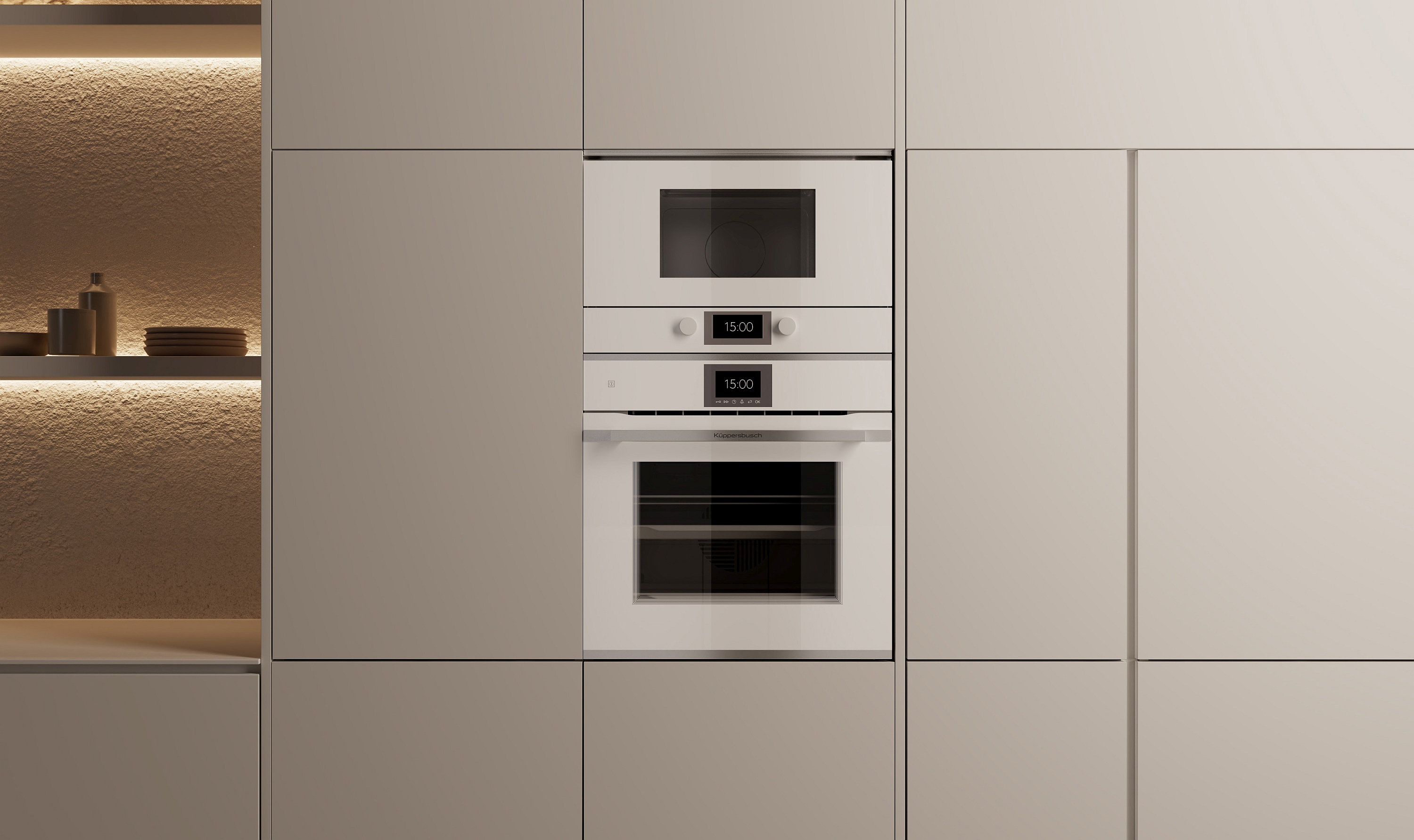 Küppersbusch Individual weißer Einbau-Kaffeevollautomat und Backofen mattweiße Küchenfronten grifflos
