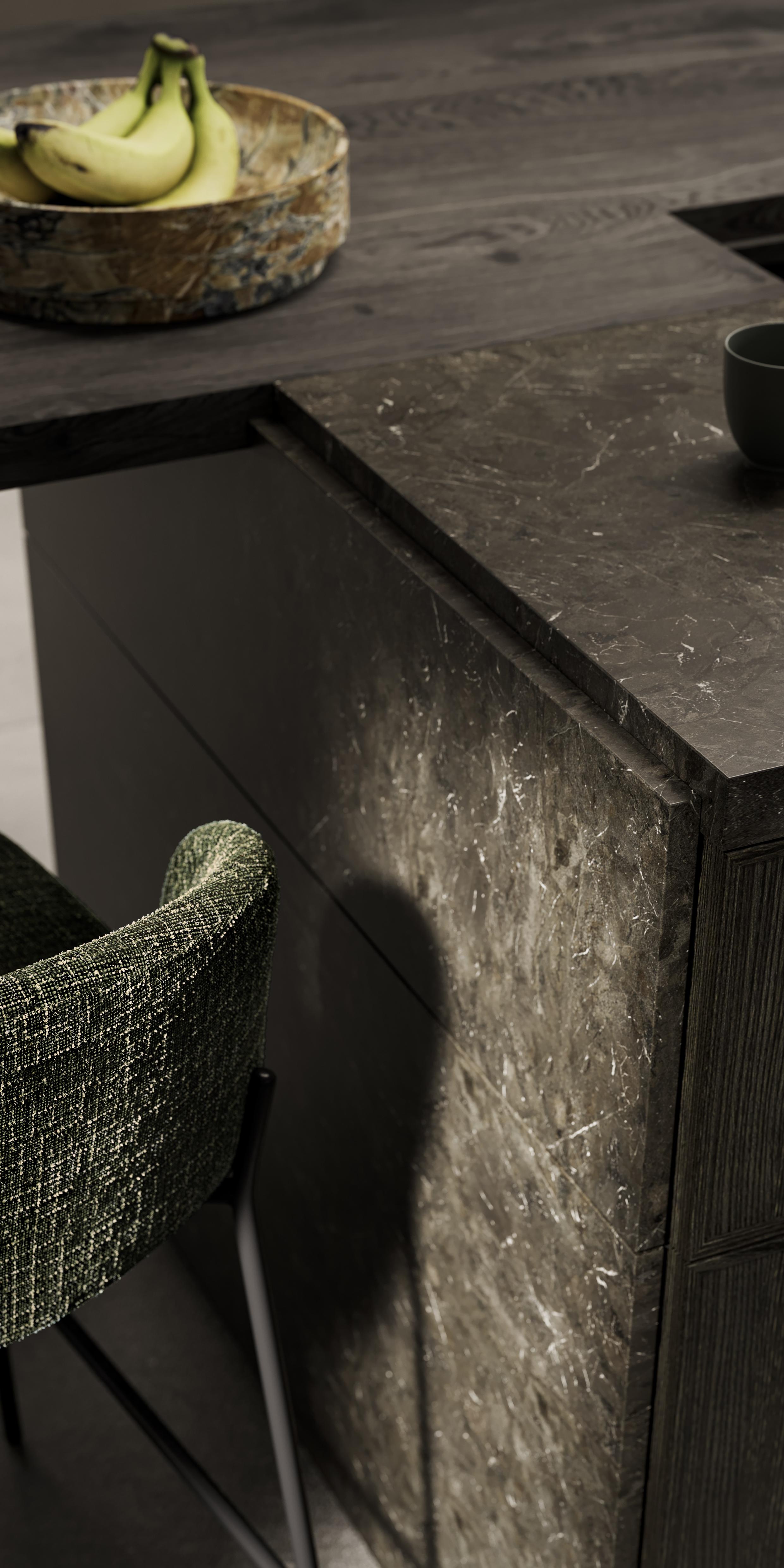 Dunkle Küchentheke mit grünem Stuhl, Schale Bananen, Tasse und Teller